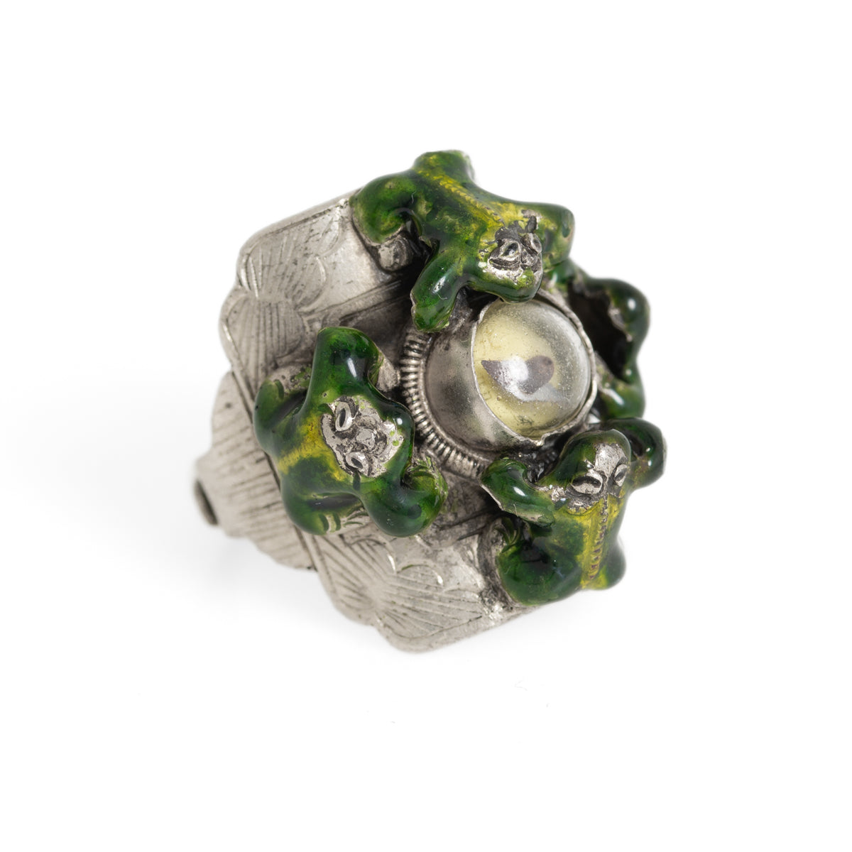 Vintage Chinese White Metal & Enamel Compass Ring With 4 Frogs Adjustable Size  (A1199)
