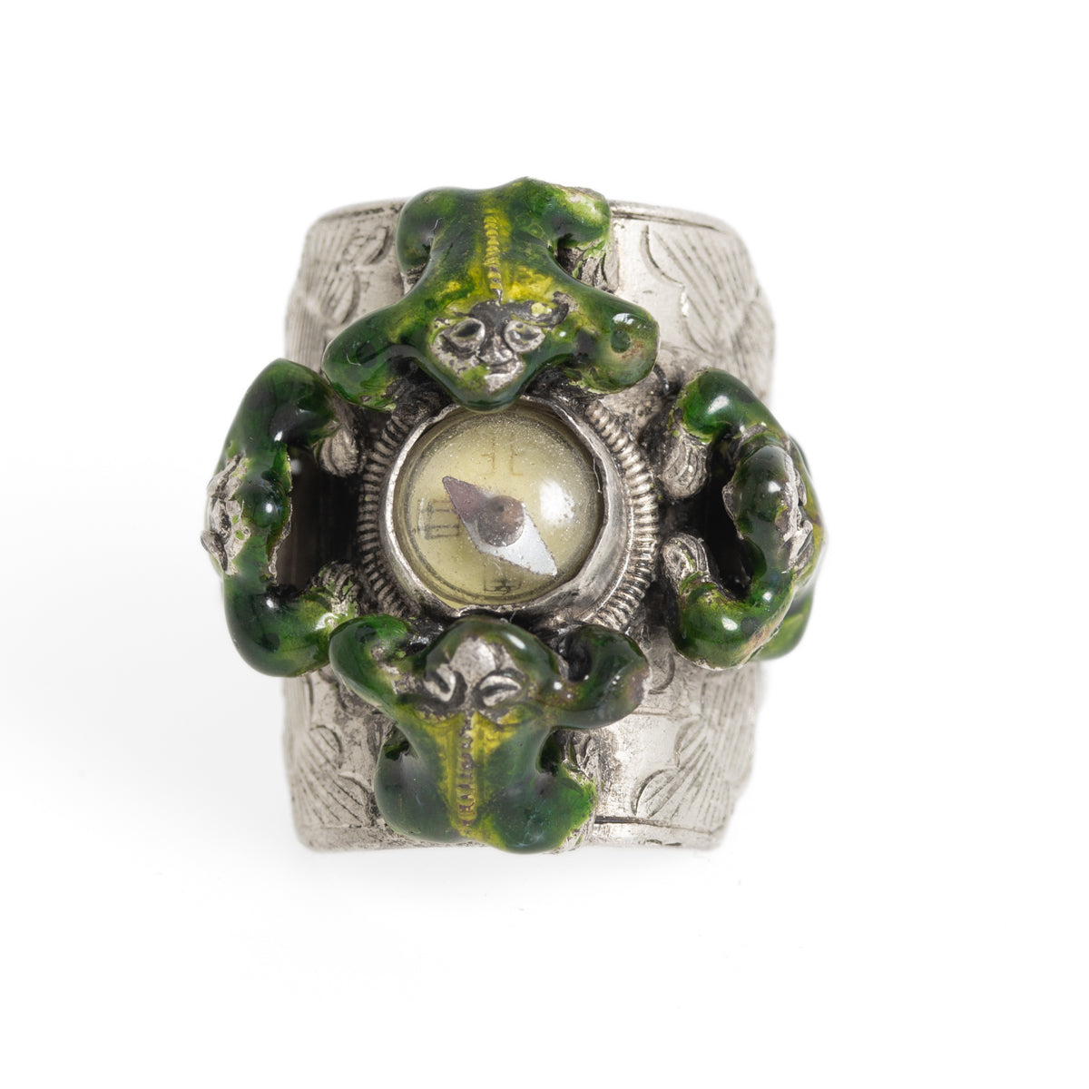 Vintage Chinese White Metal & Enamel Compass Ring With 4 Frogs Adjustable Size  (A1199)
