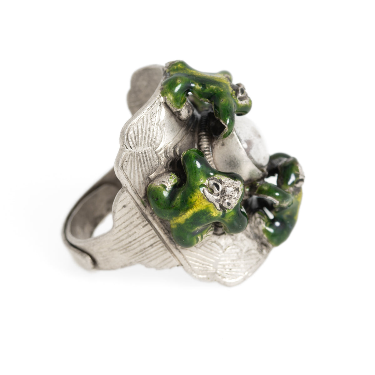 Vintage Chinese White Metal & Enamel Compass Ring With 4 Frogs Adjustable Size  (A1199)