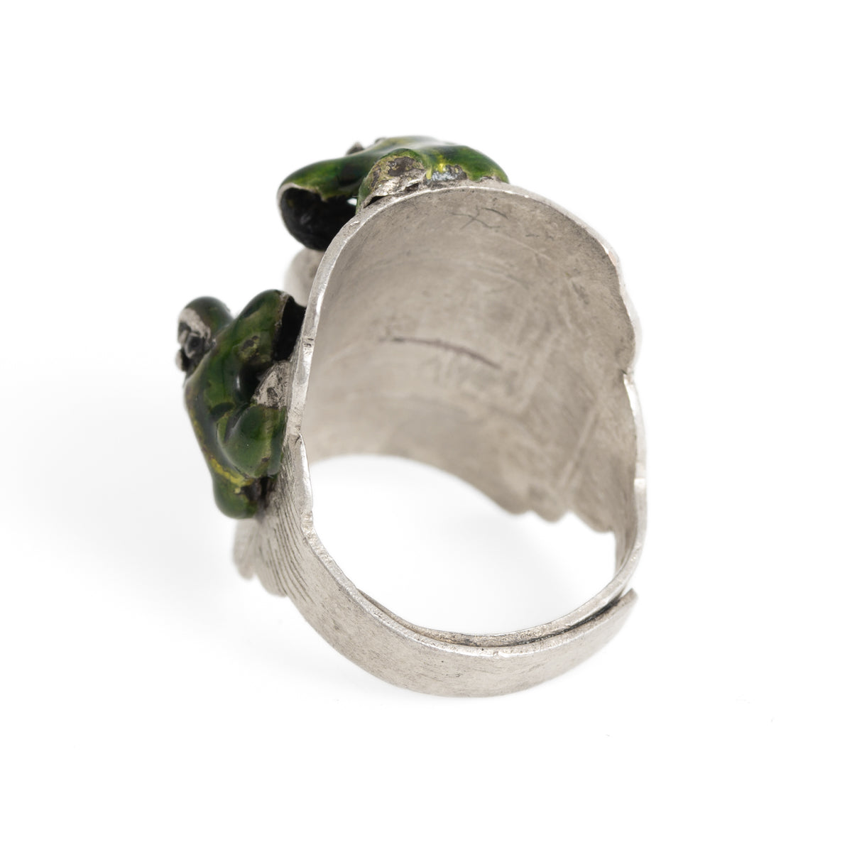 Vintage Chinese White Metal & Enamel Compass Ring With 4 Frogs Adjustable Size  (A1199)