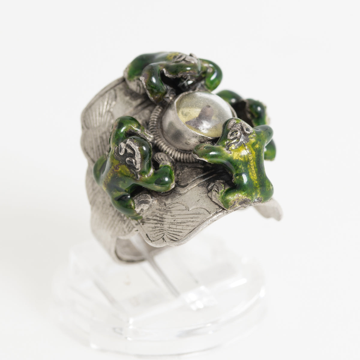 Vintage Chinese White Metal & Enamel Compass Ring With 4 Frogs Adjustable Size  (A1199)