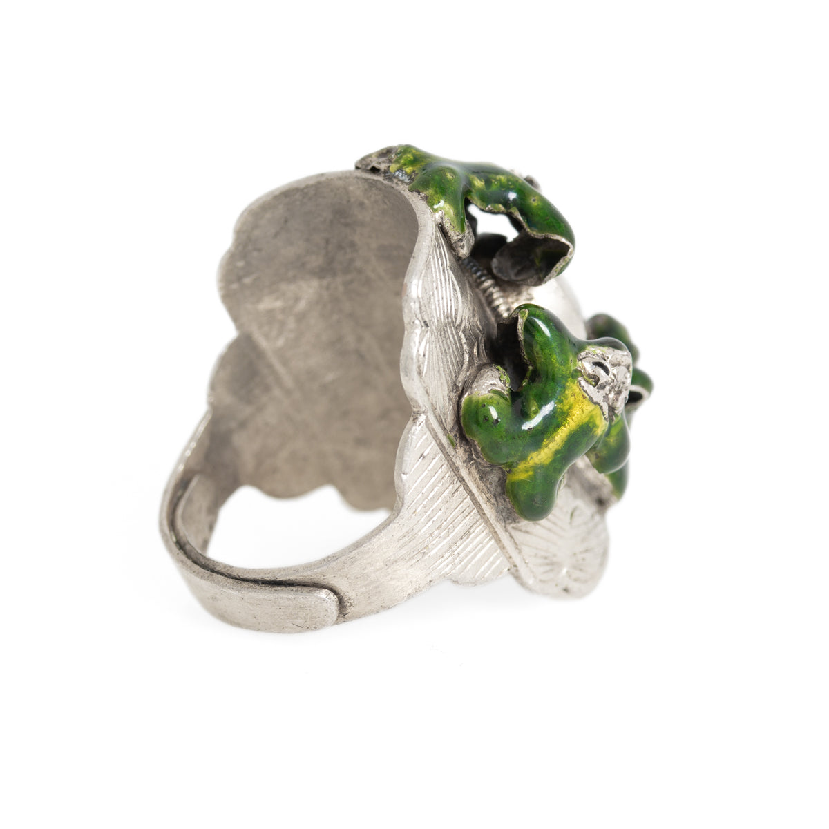 Vintage Chinese White Metal & Enamel Compass Ring With 4 Frogs Adjustable Size  (A1199)