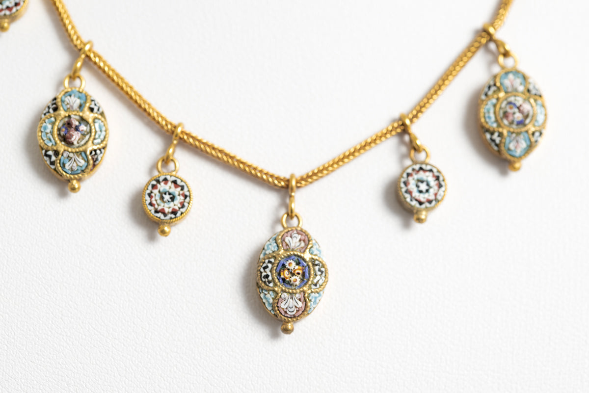 Antique Fabbrica Angelo Pessar Italian Micro Mosaic Etruscan Necklace c.1900  (A1200)