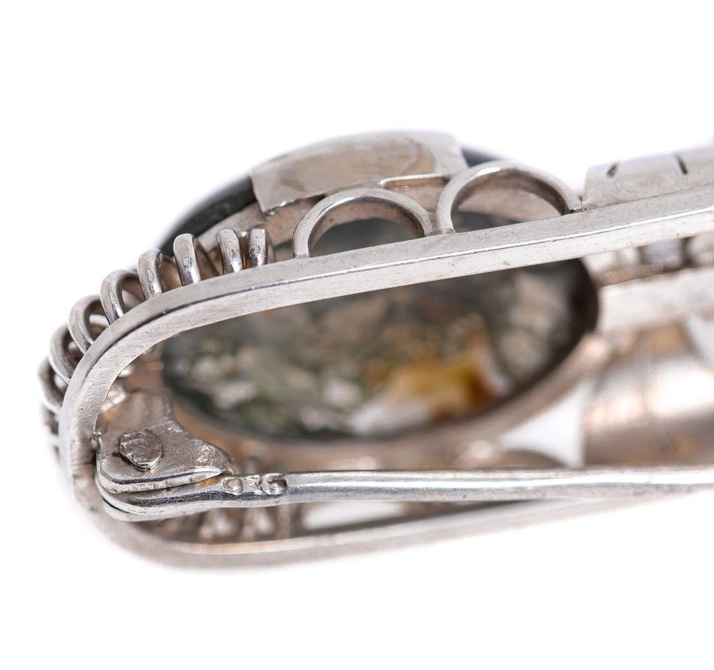 Antique Sterling Silver & Triple Moss Agate Cabochon Brooch / Pin c.1930 (A1211)