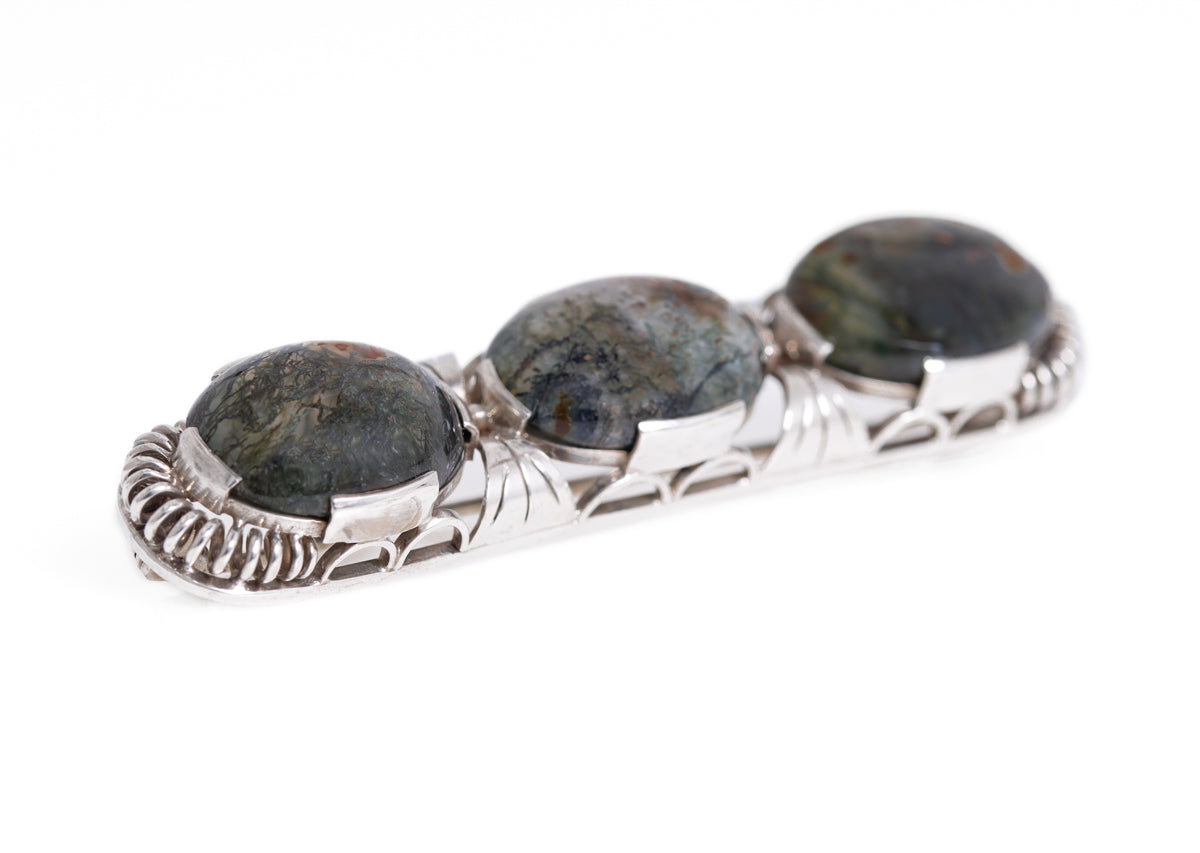 Antique Sterling Silver & Triple Moss Agate Cabochon Brooch / Pin c.1930 (A1211)