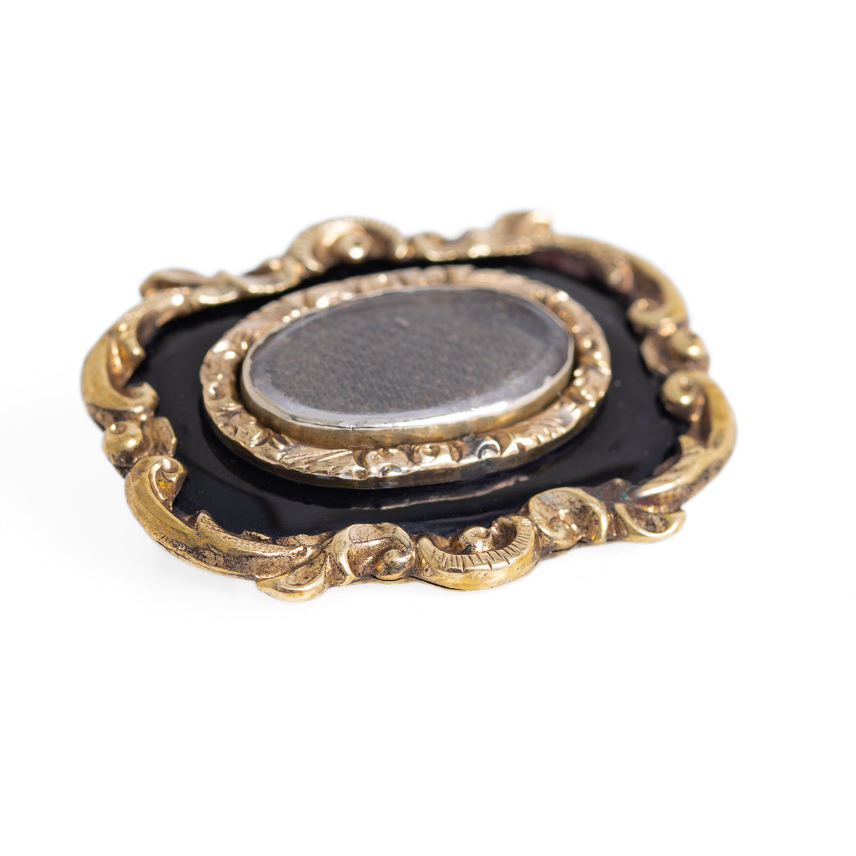 Antique Victorian Pinchbeck & Black Enamel Mourning Brooch With Woven Hair (A1213)