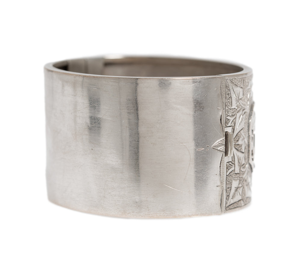 Antique Victorian Sterling Silver Wide Cuff Bangle/Bracelet With Chased Details (A1222)