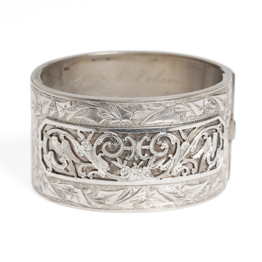 Antique Victorian Sterling Silver Wide Cuff Bangle/Bracelet With Chased Details (A1222)