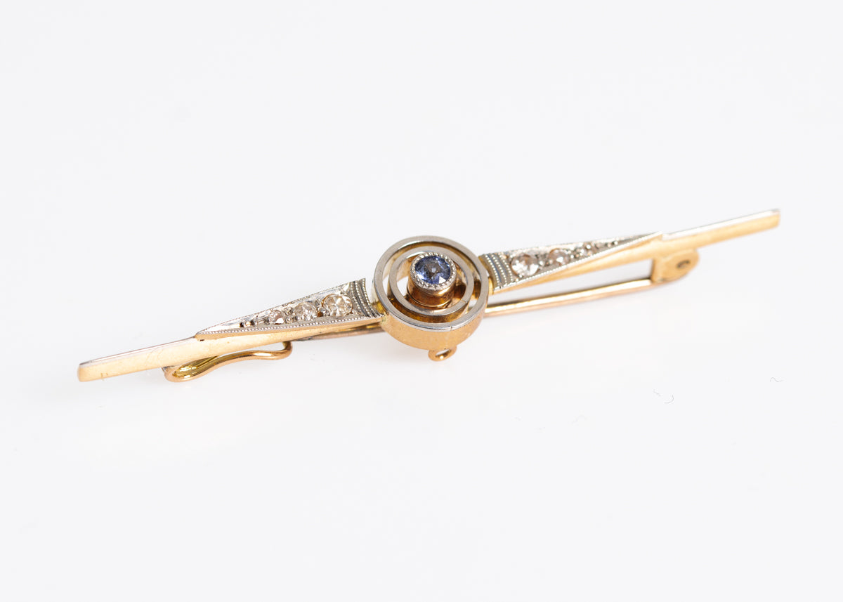 Antique Art Deco 14ct Gold, Platinum Sapphire & Diamond Bar Brooch/Pin c.1920 (A1226)