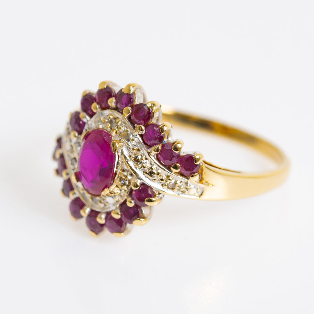 Vintage 9ct Gold Ruby & Diamond Cocktail Ring Art Deco Design Ladies Size P (A1232)