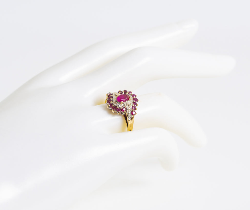 Vintage 9ct Gold Ruby & Diamond Cocktail Ring Art Deco Design Ladies Size P (A1232)