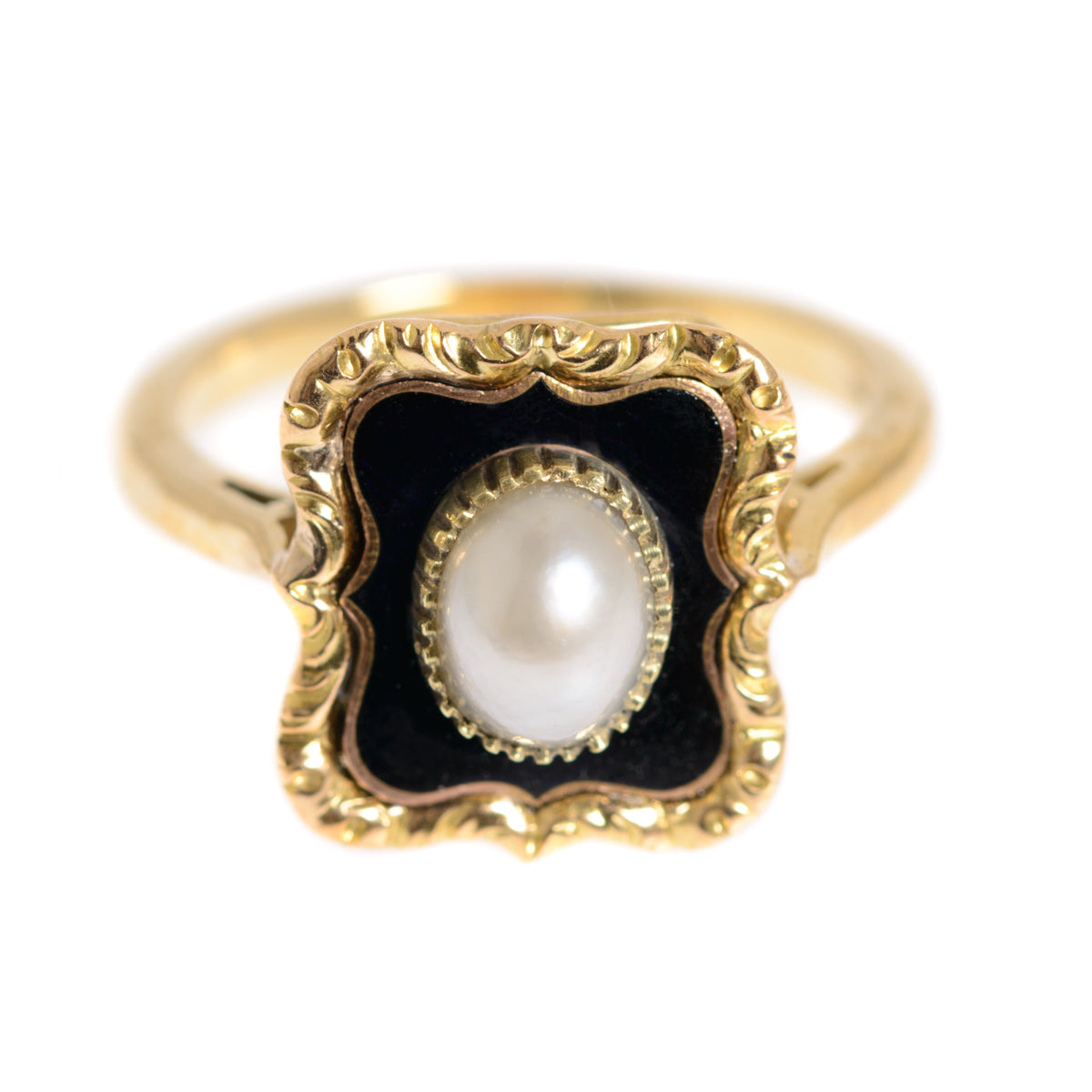 Antique 18ct Gold Split Pearl & Enamel Ladies Mourning Ring c.1900 (A1248)