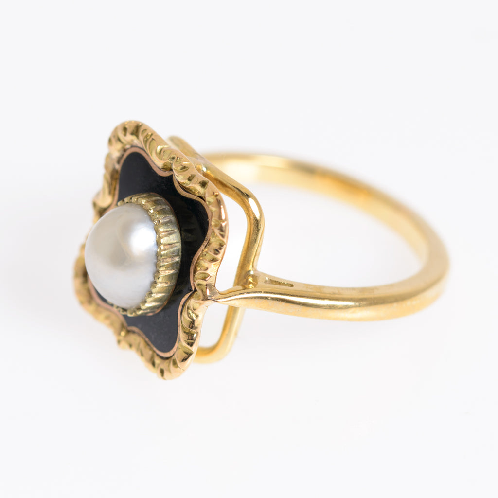 Antique 18ct Gold Split Pearl & Enamel Ladies Mourning Ring c.1900 (A1248)