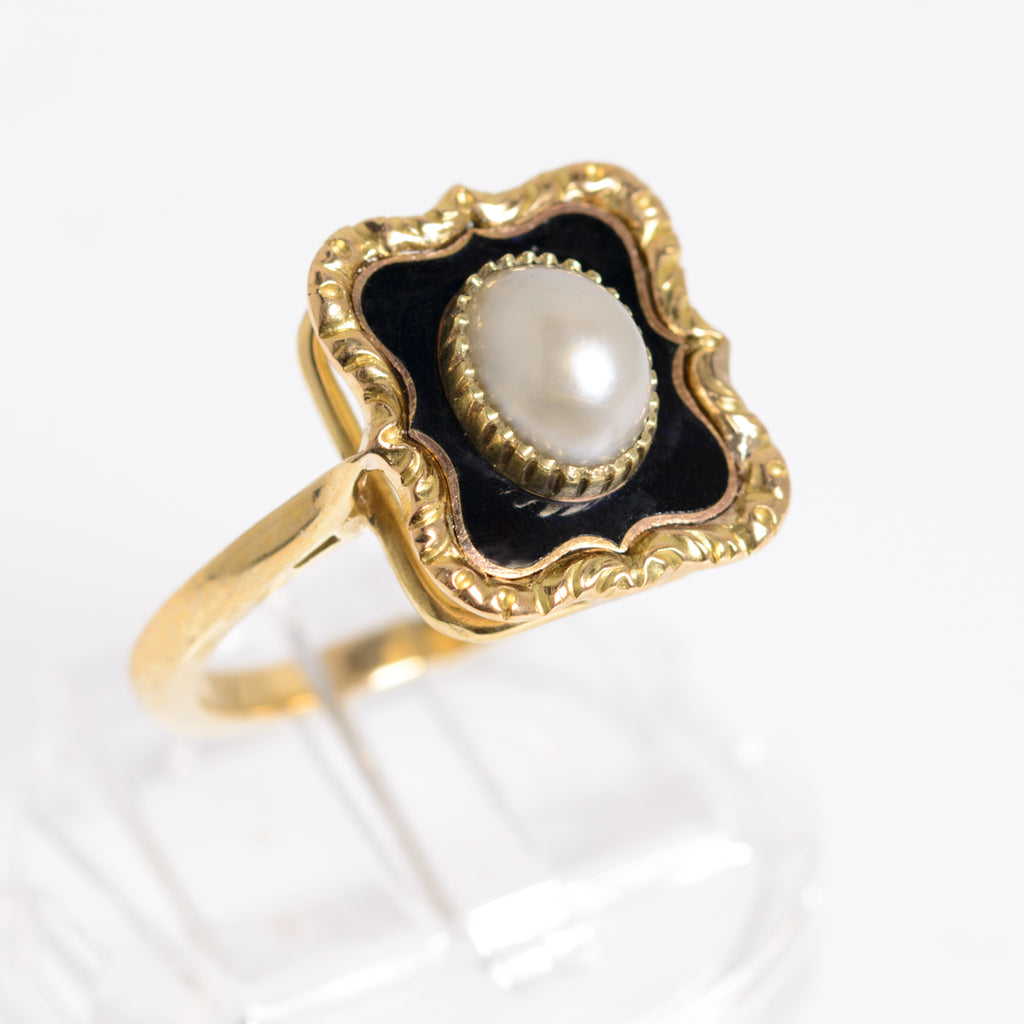 Antique 18ct Gold Split Pearl & Enamel Ladies Mourning Ring c.1900 (A1248)