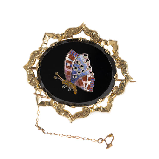 Antique Victorian 9ct Gold & Italian Micro Mosaic Brooch/Pin With Butterfly (A1249)