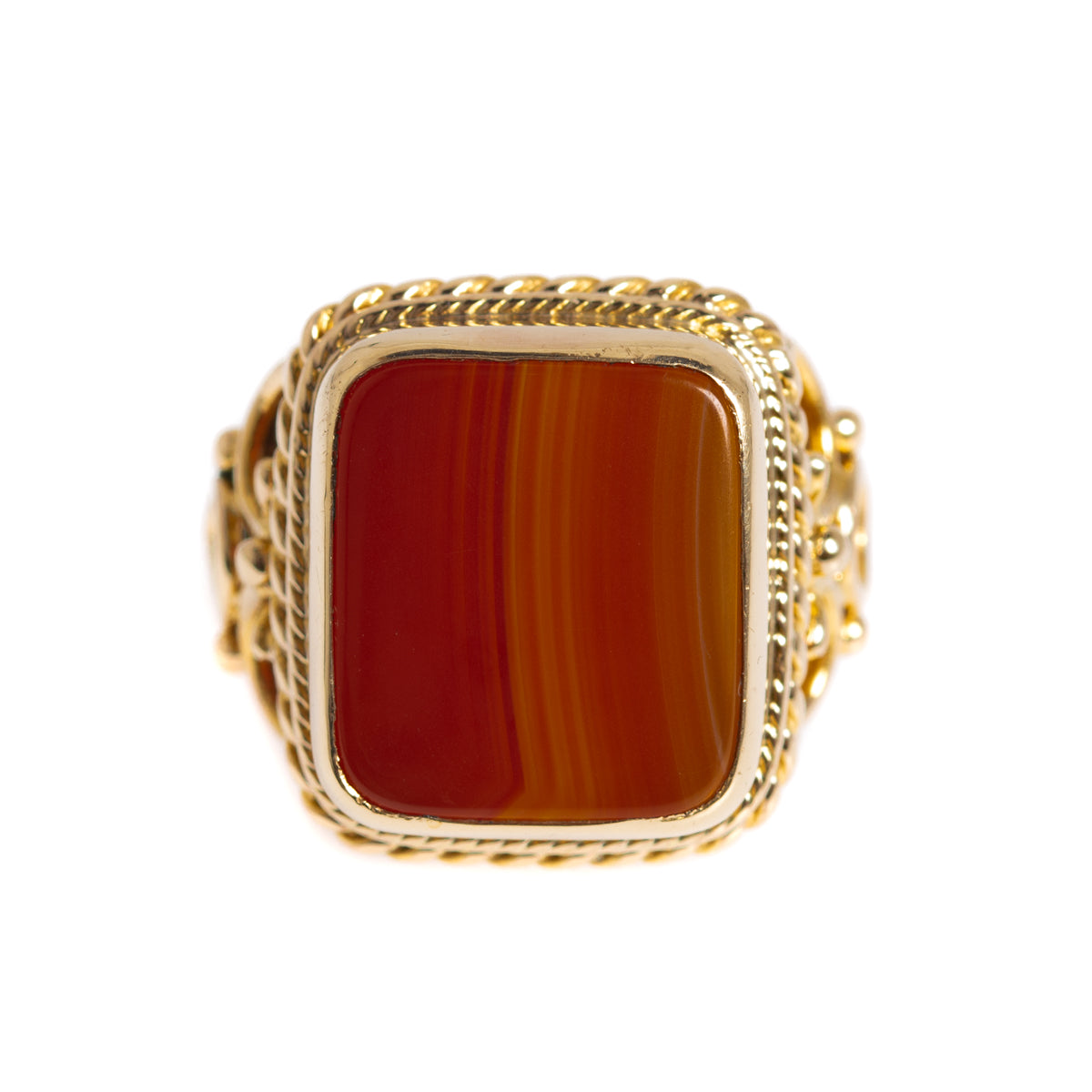 Vintage 9ct Gold Large Signet/Dress Ring Banded Carnelian & Fancy Mount (A1250)