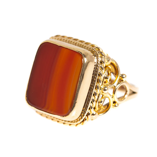 Vintage 9ct Gold Large Signet/Dress Ring Banded Carnelian & Fancy Mount (A1250)