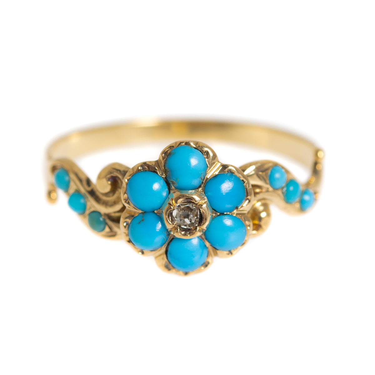Antique Victorian 18ct Gold Turquoise & Mine Cut Diamond Daisy Ring c1880 (A1253)