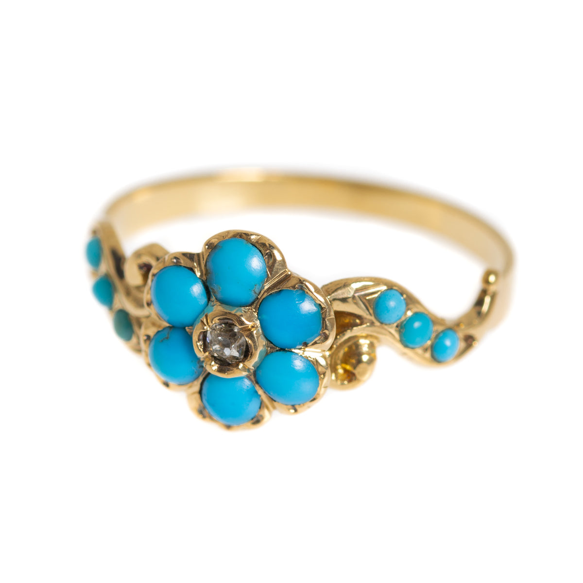 Antique Victorian 18ct Gold Turquoise & Mine Cut Diamond Daisy Ring c1880 (A1253)