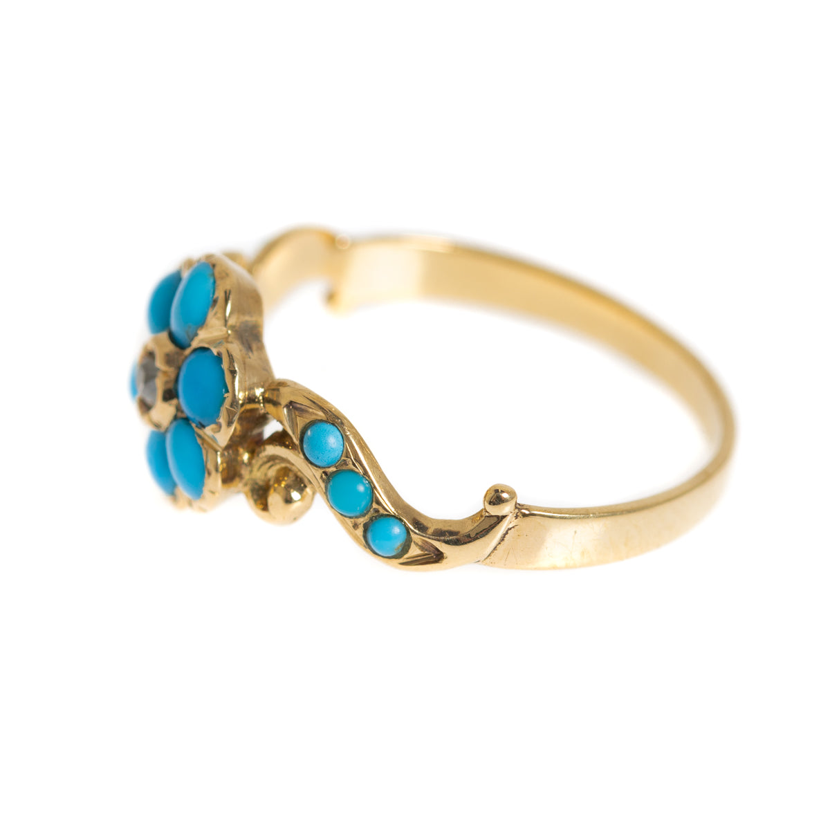 Antique Victorian 18ct Gold Turquoise & Mine Cut Diamond Daisy Ring c1880 (A1253)