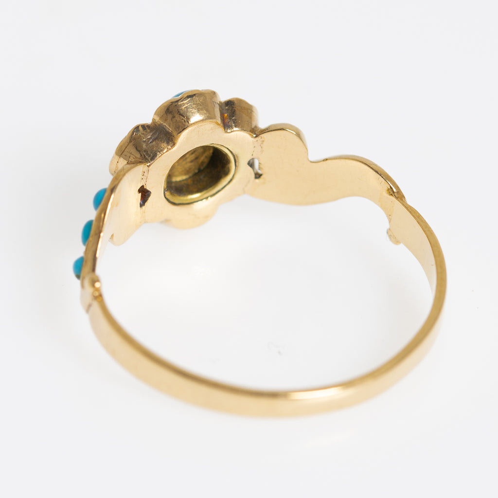 Antique Victorian 18ct Gold Turquoise & Mine Cut Diamond Daisy Ring c1880 (A1253)