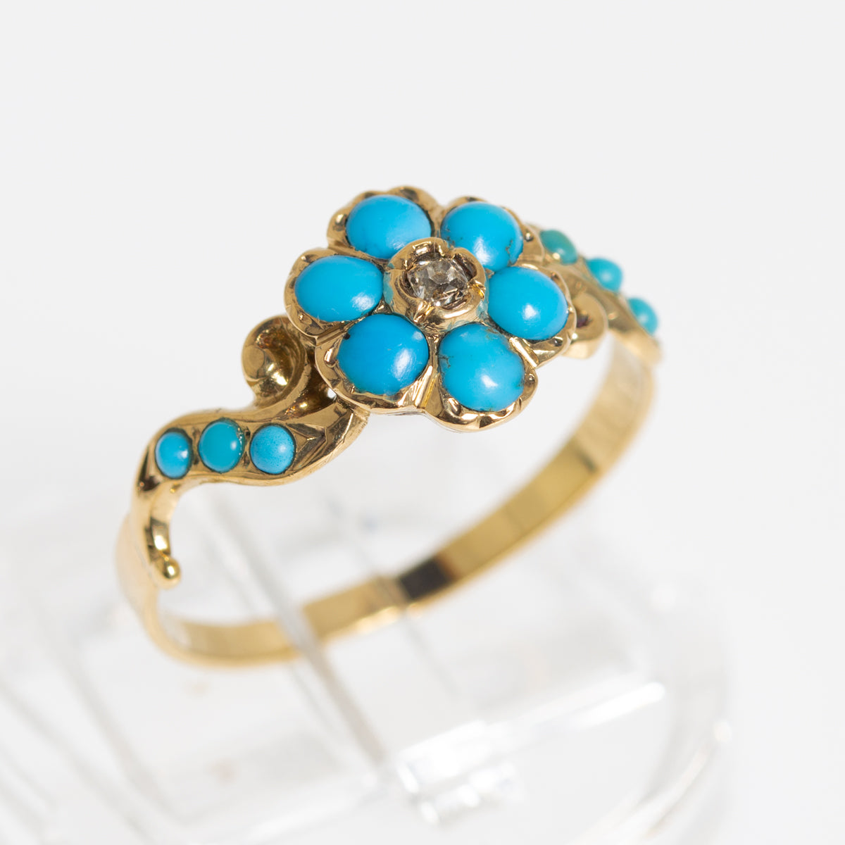 Antique Victorian 18ct Gold Turquoise & Mine Cut Diamond Daisy Ring c1880 (A1253)