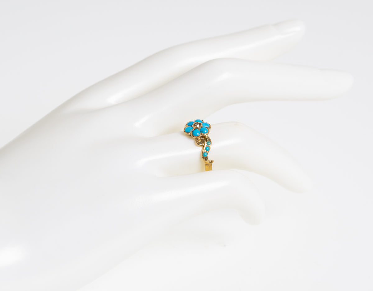 Antique Victorian 18ct Gold Turquoise & Mine Cut Diamond Daisy Ring c1880 (A1253)