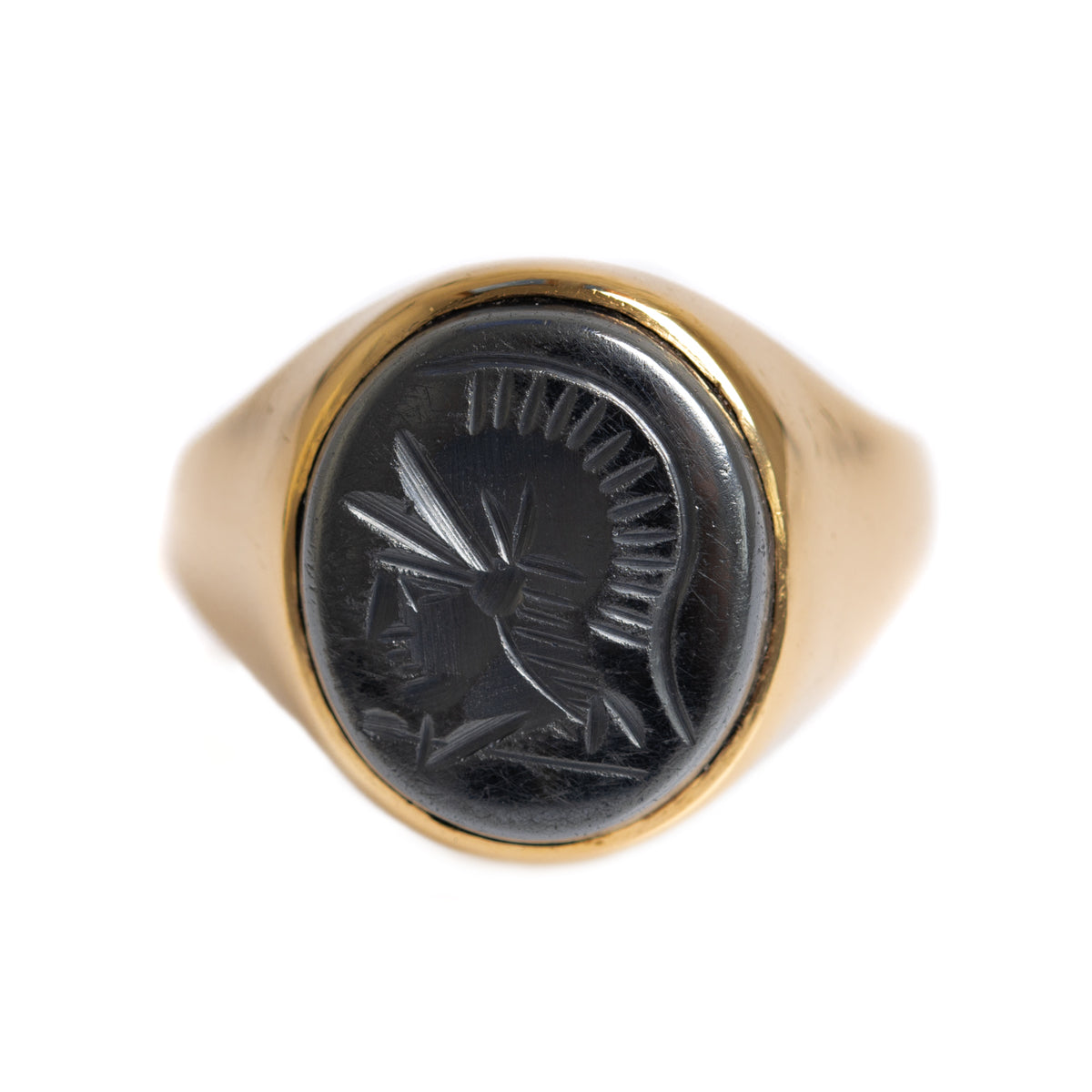 Vintage 9ct Gold Signet Ring With Intaglio Carved Centurion Head Hematite Stone  (A1260)