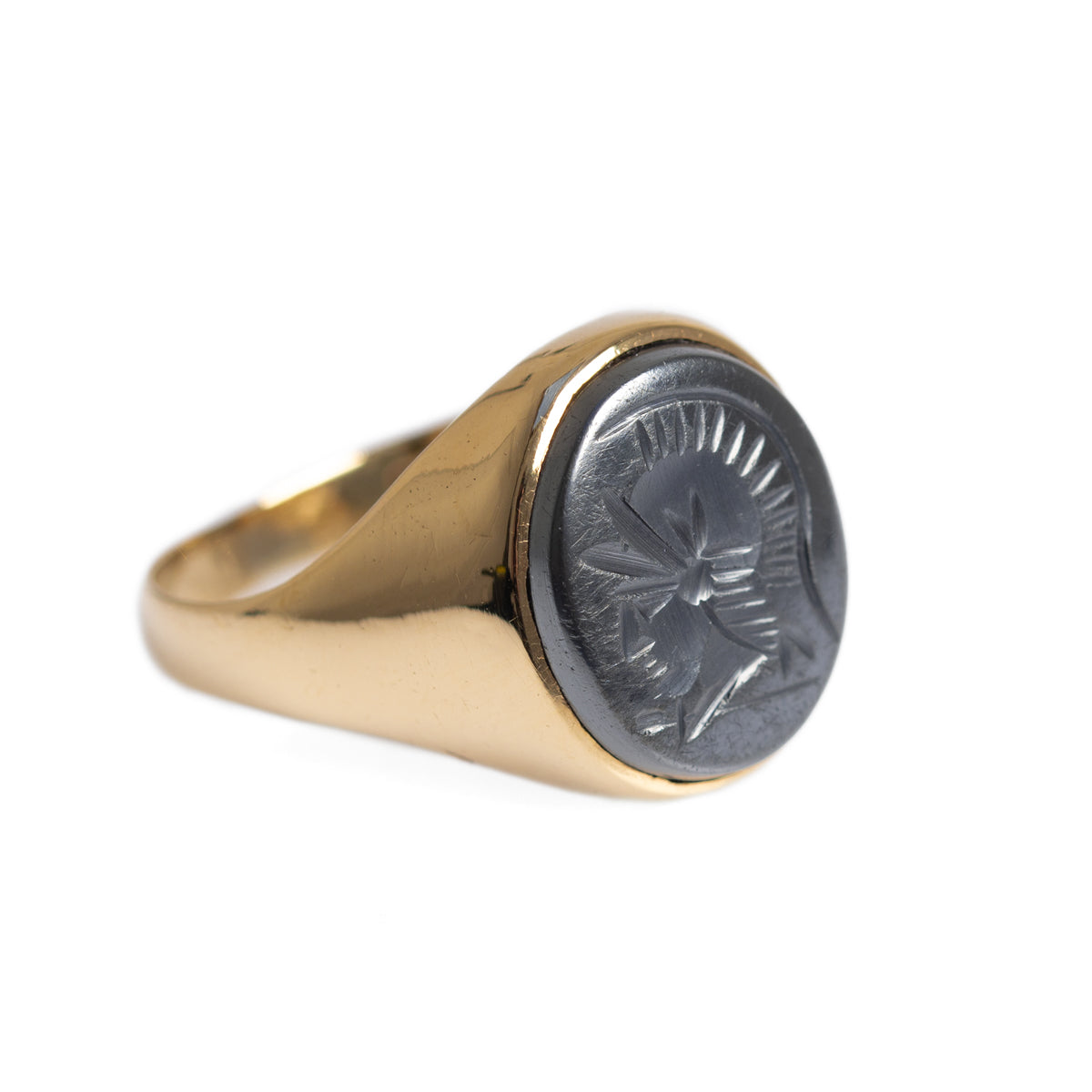 Vintage 9ct Gold Signet Ring With Intaglio Carved Centurion Head Hematite Stone  (A1260)