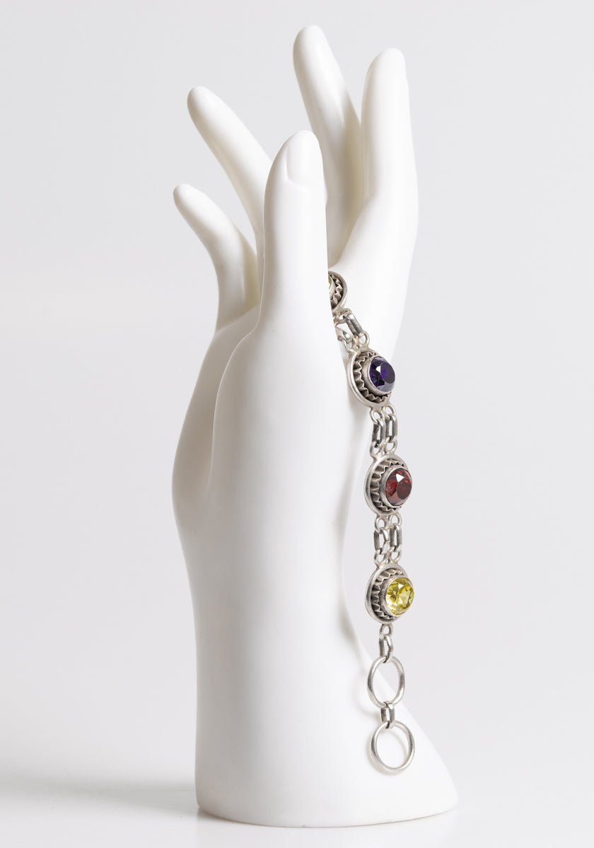 Vintage Sterling Silver & Multi Coloured Crystal Glass Gem Bracelet Hand Made  (A1265)