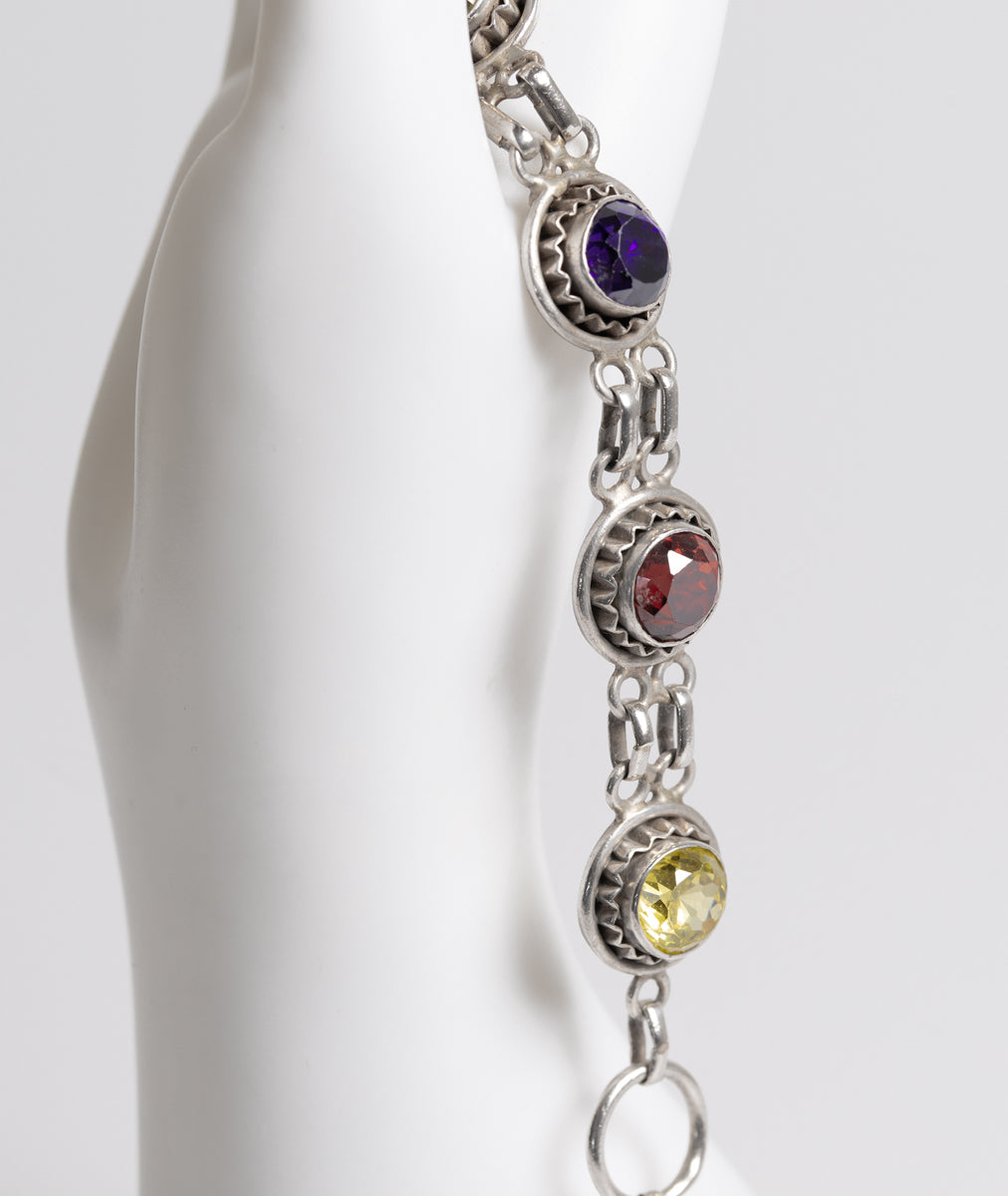 Vintage Sterling Silver & Multi Coloured Crystal Glass Gem Bracelet Hand Made  (A1265)