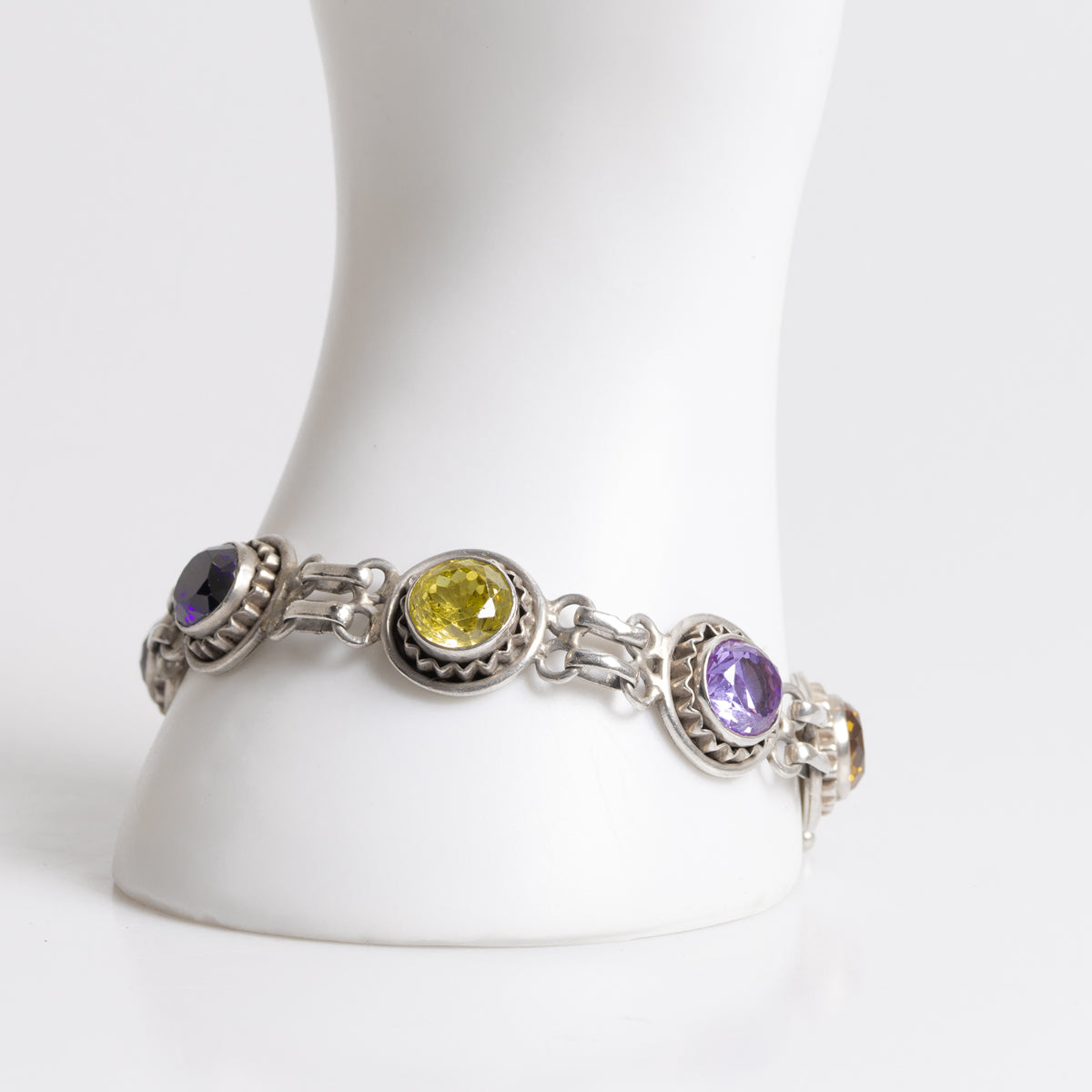 Vintage Sterling Silver & Multi Coloured Crystal Glass Gem Bracelet Hand Made  (A1265)