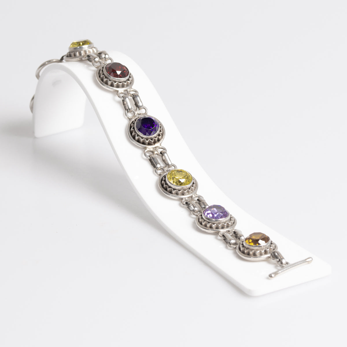 Vintage Sterling Silver & Multi Coloured Crystal Glass Gem Bracelet Hand Made  (A1265)