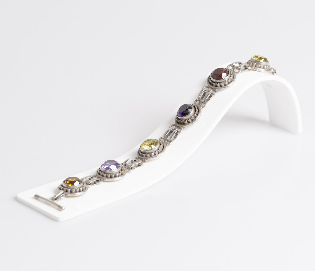 Vintage Sterling Silver & Multi Coloured Crystal Glass Gem Bracelet Hand Made  (A1265)