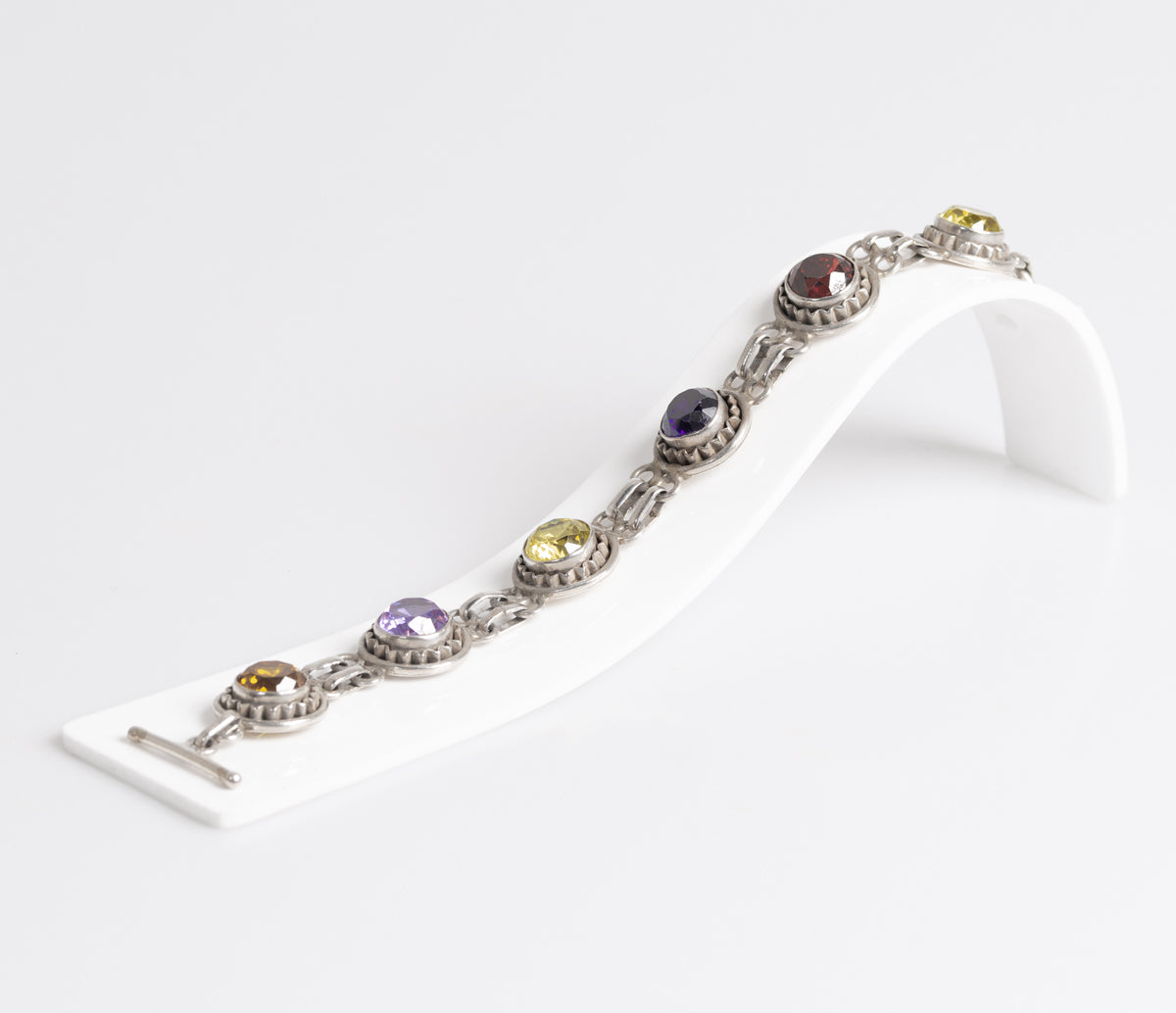 Vintage Sterling Silver & Multi Coloured Crystal Glass Gem Bracelet Hand Made  (A1265)