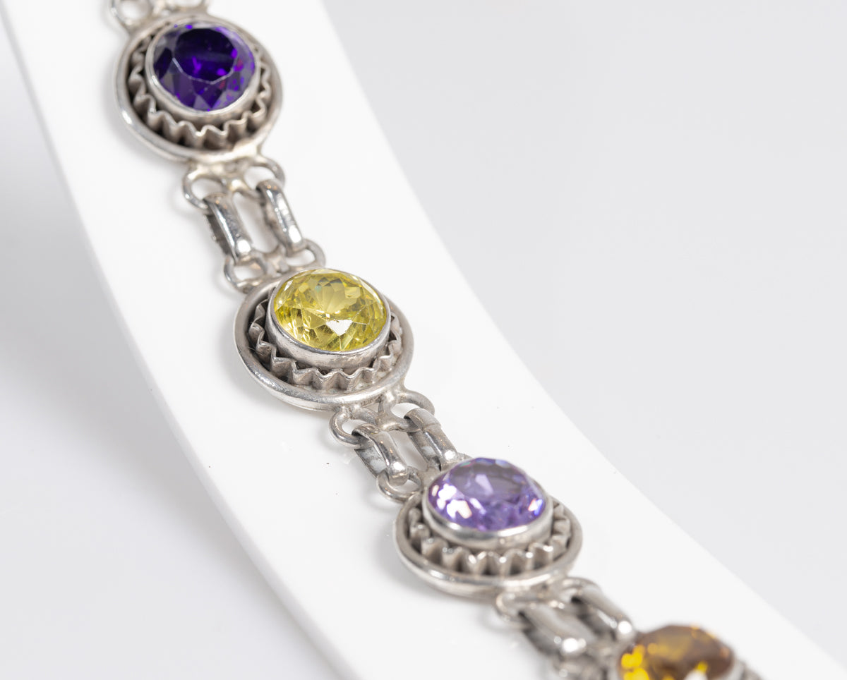 Vintage Sterling Silver & Multi Coloured Crystal Glass Gem Bracelet Hand Made  (A1265)