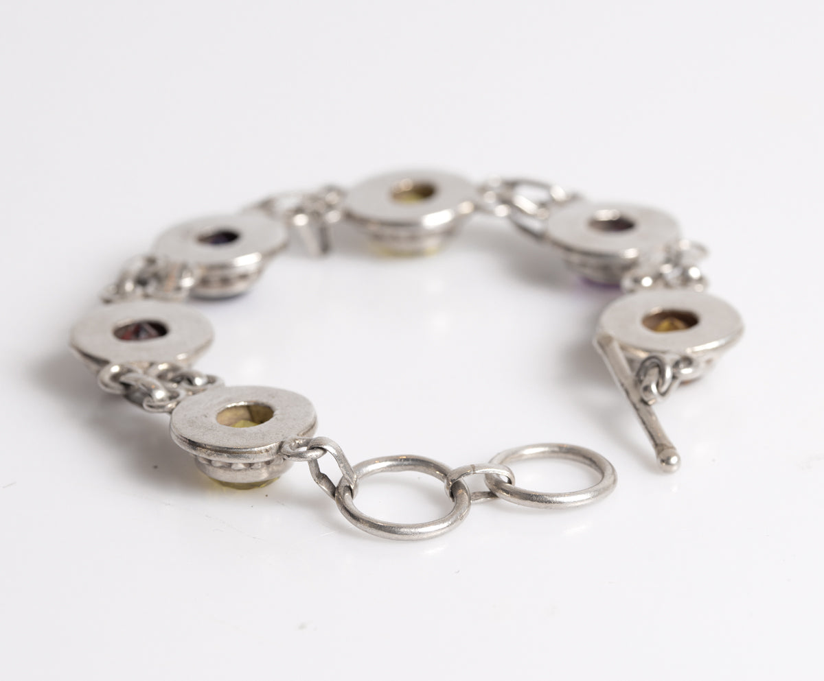 Vintage Sterling Silver & Multi Coloured Crystal Glass Gem Bracelet Hand Made  (A1265)