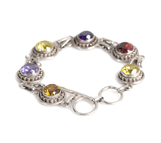 Vintage Sterling Silver & Multi Coloured Crystal Glass Gem Bracelet Hand Made  (A1265)