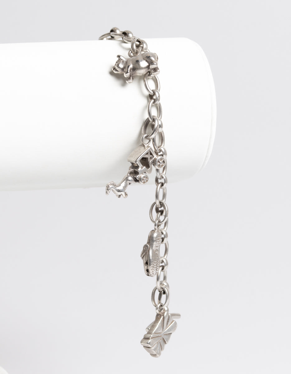 Links Of London Sterling Silver Charm Bracelet 6 Charms Pigs, Horse Etc - Boxed (A1266)