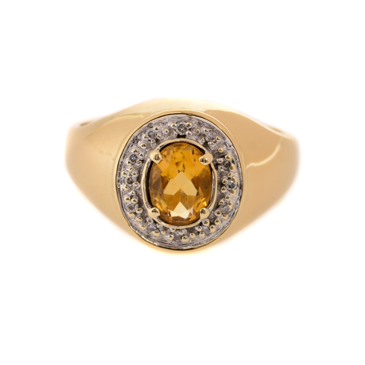 9ct Gold & Citrine Ring With Diamond Halo & Wide Shoulders London 2001 UK Size S (A1271)