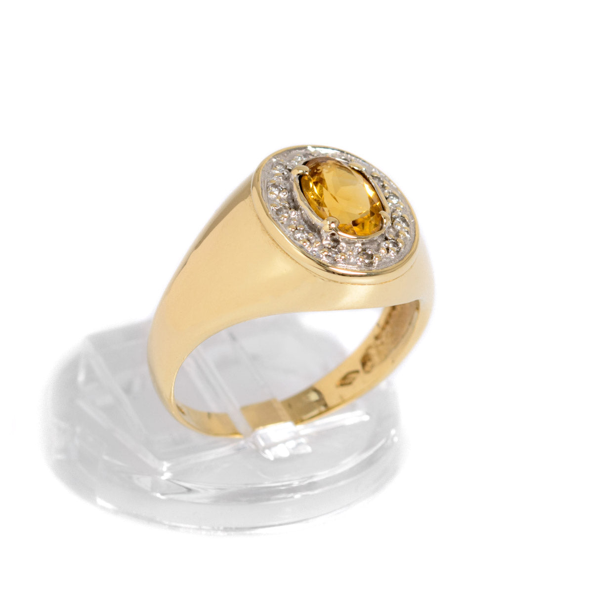9ct Gold & Citrine Ring With Diamond Halo & Wide Shoulders London 2001 UK Size S (A1271)