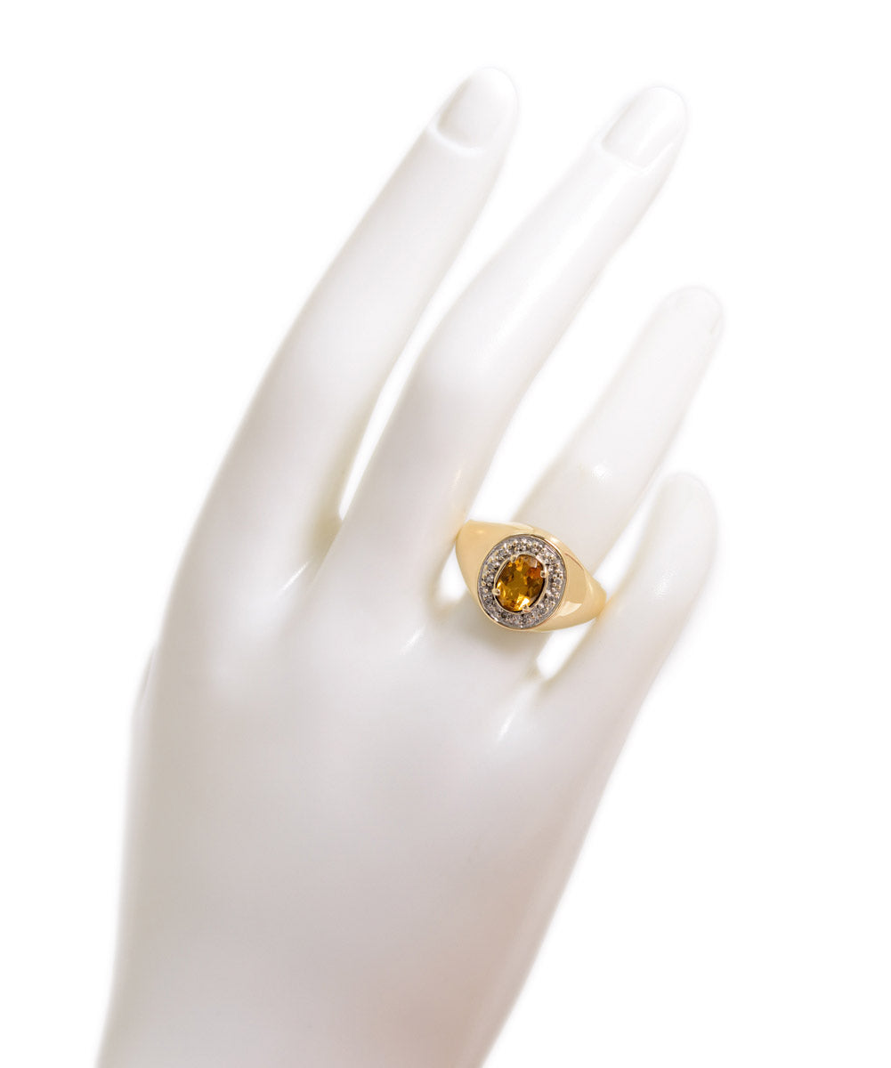 9ct Gold & Citrine Ring With Diamond Halo & Wide Shoulders London 2001 UK Size S (A1271)