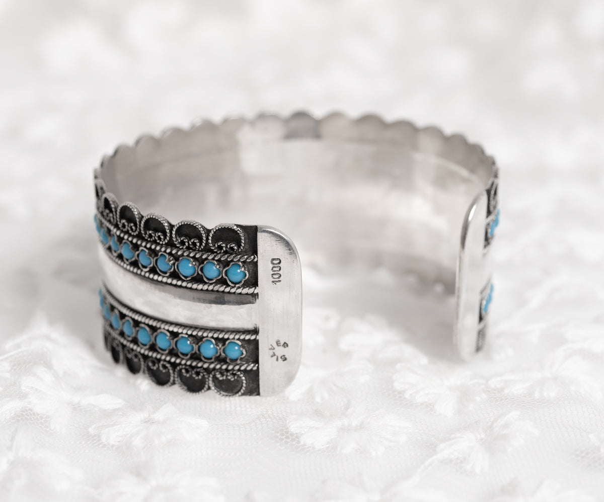 Vintage Indian/Eastern Pure Silver & Turquoise Cabochon Bangle Bracelet (A1277)