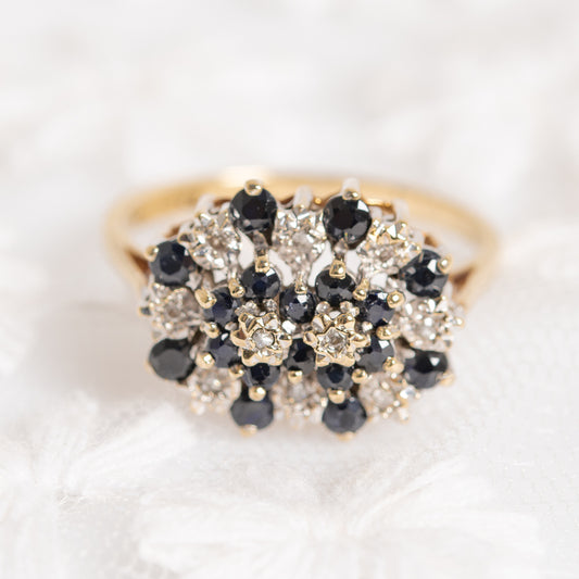 Vintage 9ct Gold Natural Sapphire & Diamond Double Cluster Dress Ring UK Size N1/2 (A1286)