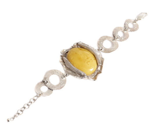 Hand Made Large Sterling Silver & Egg Yolk Amber Statement Bracelet Polish Hallmark (A1295)