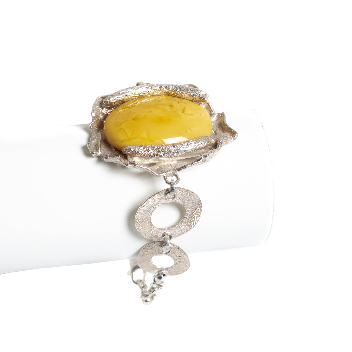Hand Made Large Sterling Silver & Egg Yolk Amber Statement Bracelet Polish Hallmark (A1295)