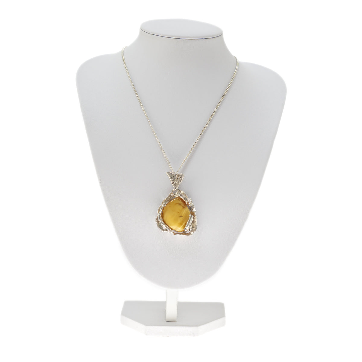 Artisan Hand Made Sterling Silver & Egg Yolk Amber Cabochon Pendant & Chain (A1297)