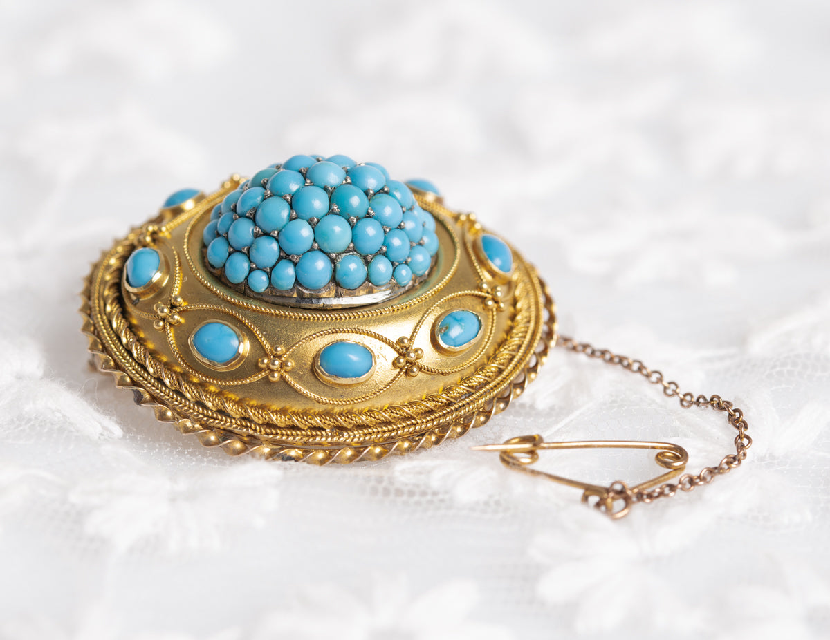 Antique Victorian 15ct Gold & Turquoise Cluster Etruscan Revival Brooch/Pin  (A1308)