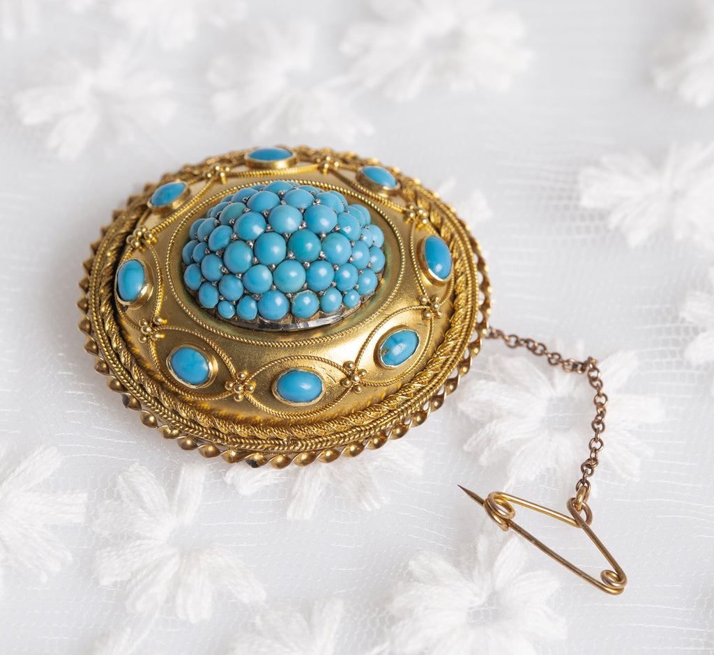 Antique Victorian 15ct Gold & Turquoise Cluster Etruscan Revival Brooch/Pin  (A1308)