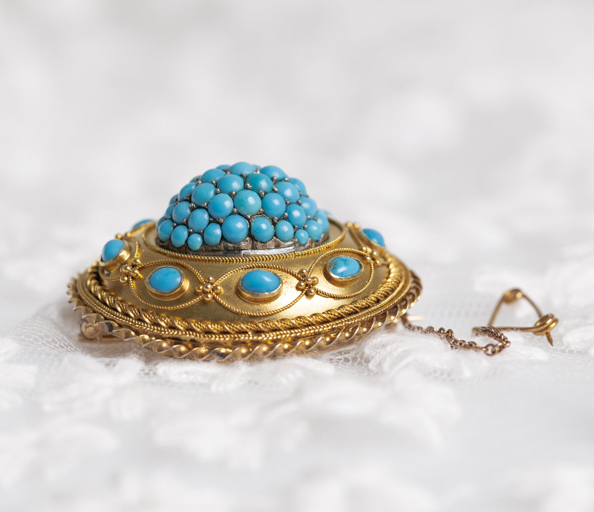 Antique Victorian 15ct Gold & Turquoise Cluster Etruscan Revival Brooch/Pin  (A1308)